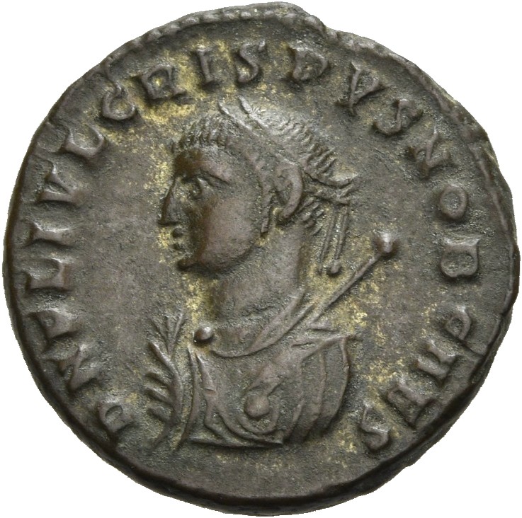 RIC VII Cyzicus 10 Licinius obverse — Bust of Crispus, laureate, draped, left, holding sceptre in right hand and mappa in ...