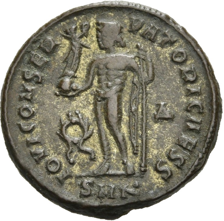 RIC VII Cyzicus 10 Licinius reverse — Jupiter, nude, chlamys draped across left shoulder, standing left, holding Victory o...
