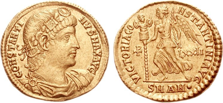 RIC VII Cyzicus 100 Constantine I reverse, Two soldiers, helmeted, draped, cuirassed, standing facing each other, each hol...