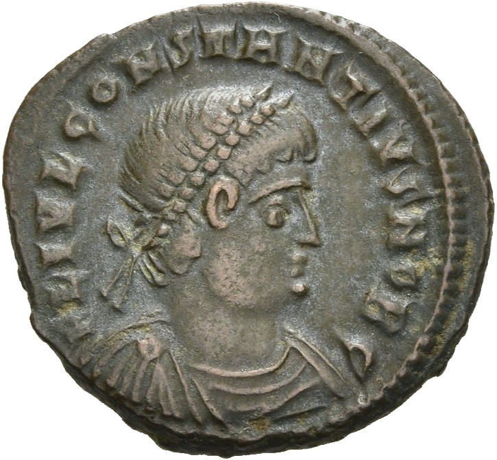RIC VII Cyzicus 101 Constantine I obverse, Bust of Constantius II, pearl-diademed, draped, cuirassed, right