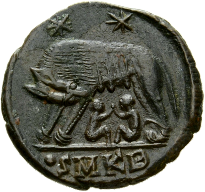 RIC VII Cyzicus 105 Constantine I reverse, She-wolf, standing left, suckling twins; above, two stars