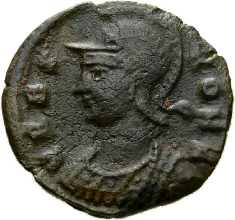Constantine I obverse — Bust of Roma, helmeted, wearing imperial cloak, left