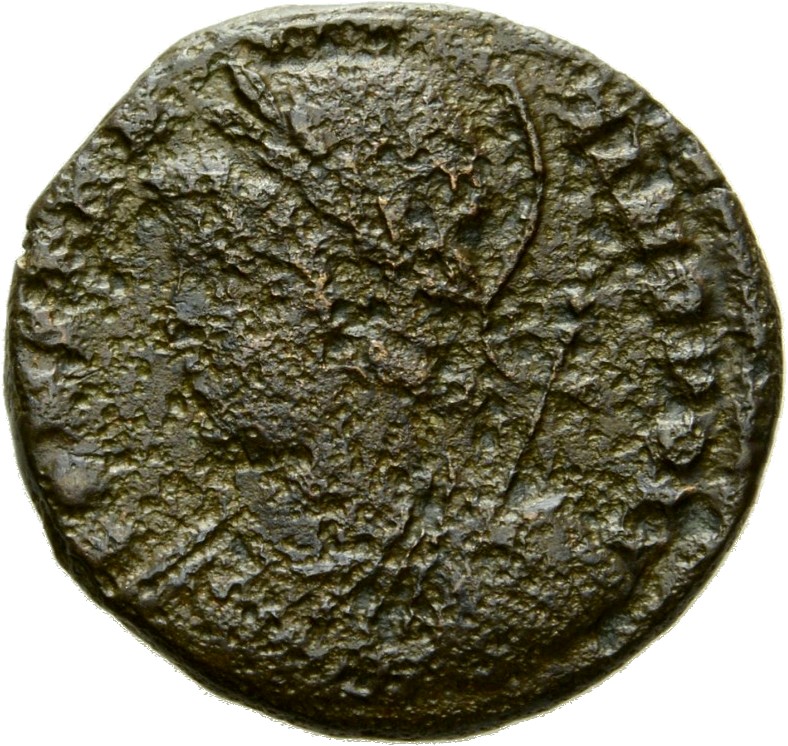 Constantine I obverse — Bust of Constantinopolis, laureate, helmeted, wearing imperial cloak, left, holding reversed spear in right hand