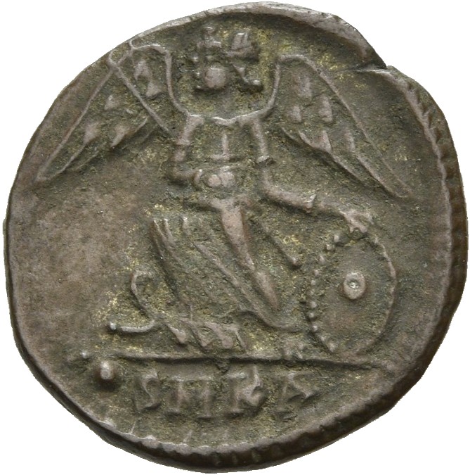 RIC VII Cyzicus 108 Constantine I reverse, Victory, winged, draped, standing left on prow, holding spear in right hand and...
