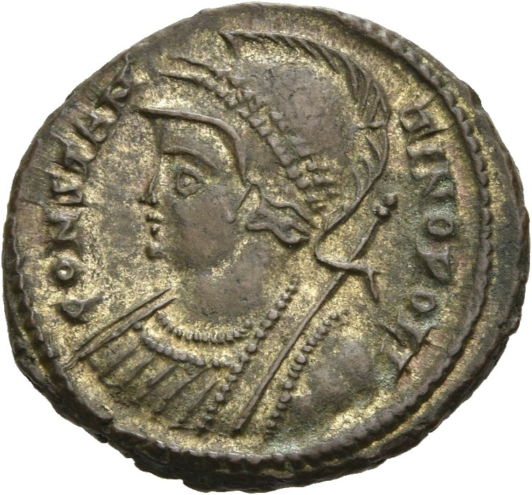 RIC VII Cyzicus 108 Constantine I obverse, Bust of Constantinopolis, pearl-diademed, helmeted, wearing imperial cloak, lef...