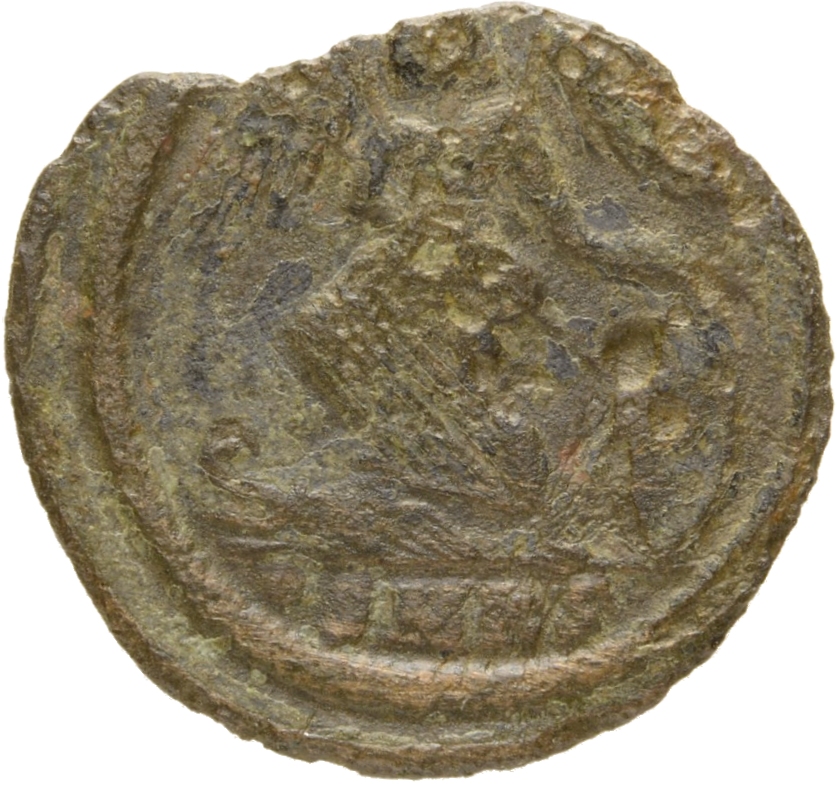 Constantine I reverse — Victory, winged, draped, standing left on prow, holding spear in right hand and shield in left hand
