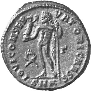 RIC VII Cyzicus 11 Licinius reverse, Jupiter, nude, chlamys draped across left shoulder, standing left, holding Victory on...