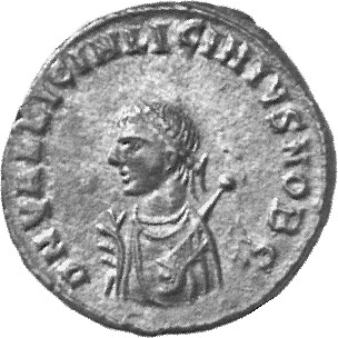 RIC VII Cyzicus 11 Licinius obverse, Bust of Licinius II, laureate, draped, left, holding sceptre in right hand and mappa ...
