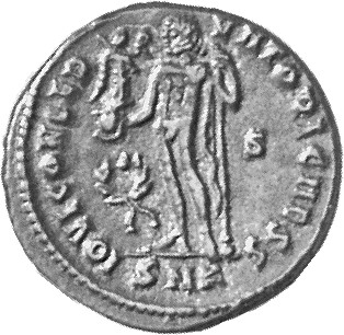 RIC VII Cyzicus 11 Licinius reverse — Jupiter, nude, chlamys draped across left shoulder, standing left, holding Victory o...