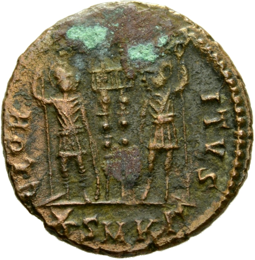 RIC VII Cyzicus 113 Constantine I reverse, Two soldiers, helmeted, draped, cuirassed, standing facing each other, each hol...
