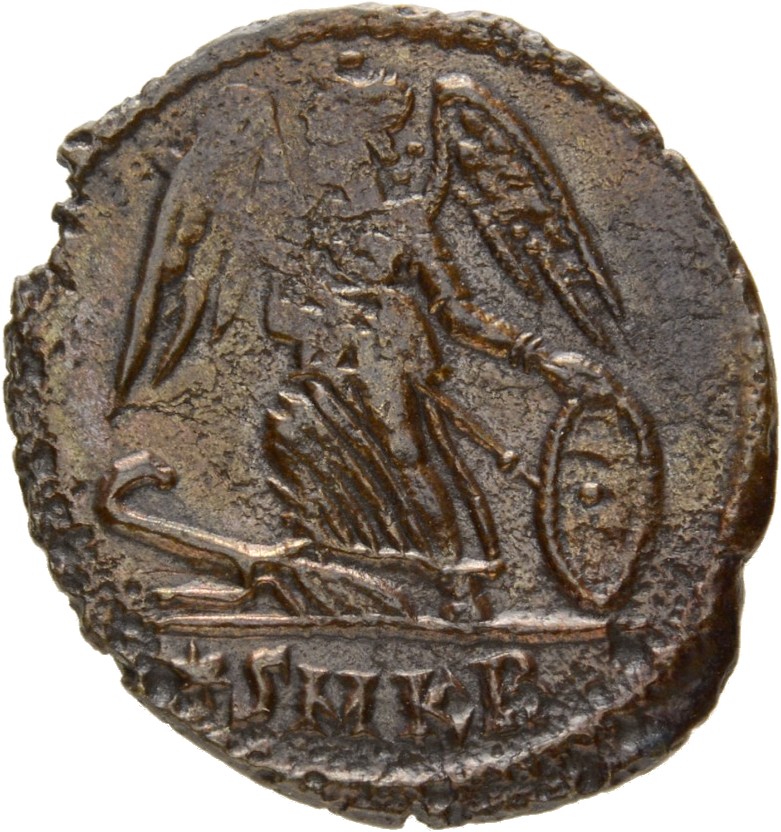 RIC VII Cyzicus 120 Constantine I reverse, Victory, winged, draped, standing left on prow, holding spear in right hand and...