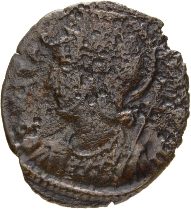 Constantine I obverse — Bust of Constantinopolis, laureate, helmeted, wearing imperial cloak, left, holding reversed spear in right hand