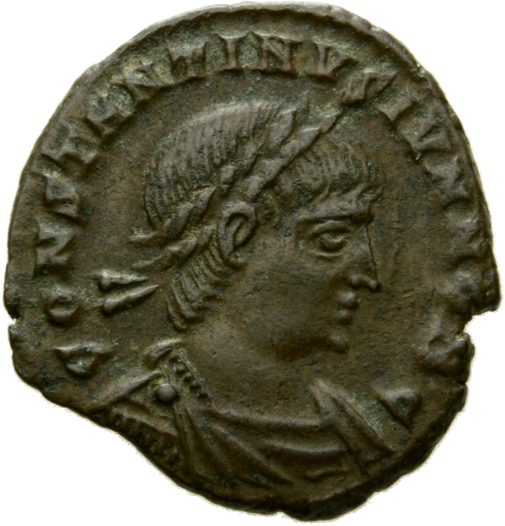 Constantine I obverse — Bust of Constantine II, laureate, draped, cuirassed, right