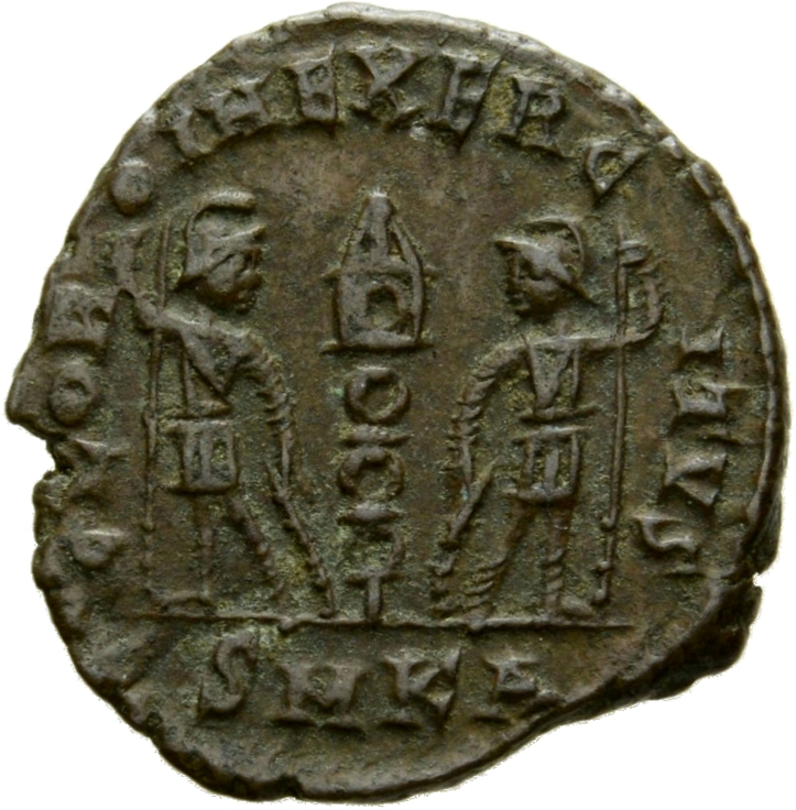 Constantine I reverse — Two soldiers, helmeted, draped, cuirassed, standing facing each other, each holding spear in outer hand and resting inner hand on shield; between them, a standard