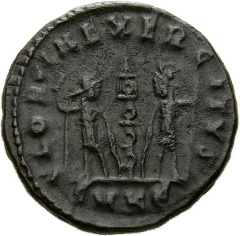 Constantine I reverse — Two soldiers, helmeted, draped, cuirassed, standing facing each other, each holding spear in outer hand and resting inner hand on shield; between them, a standard