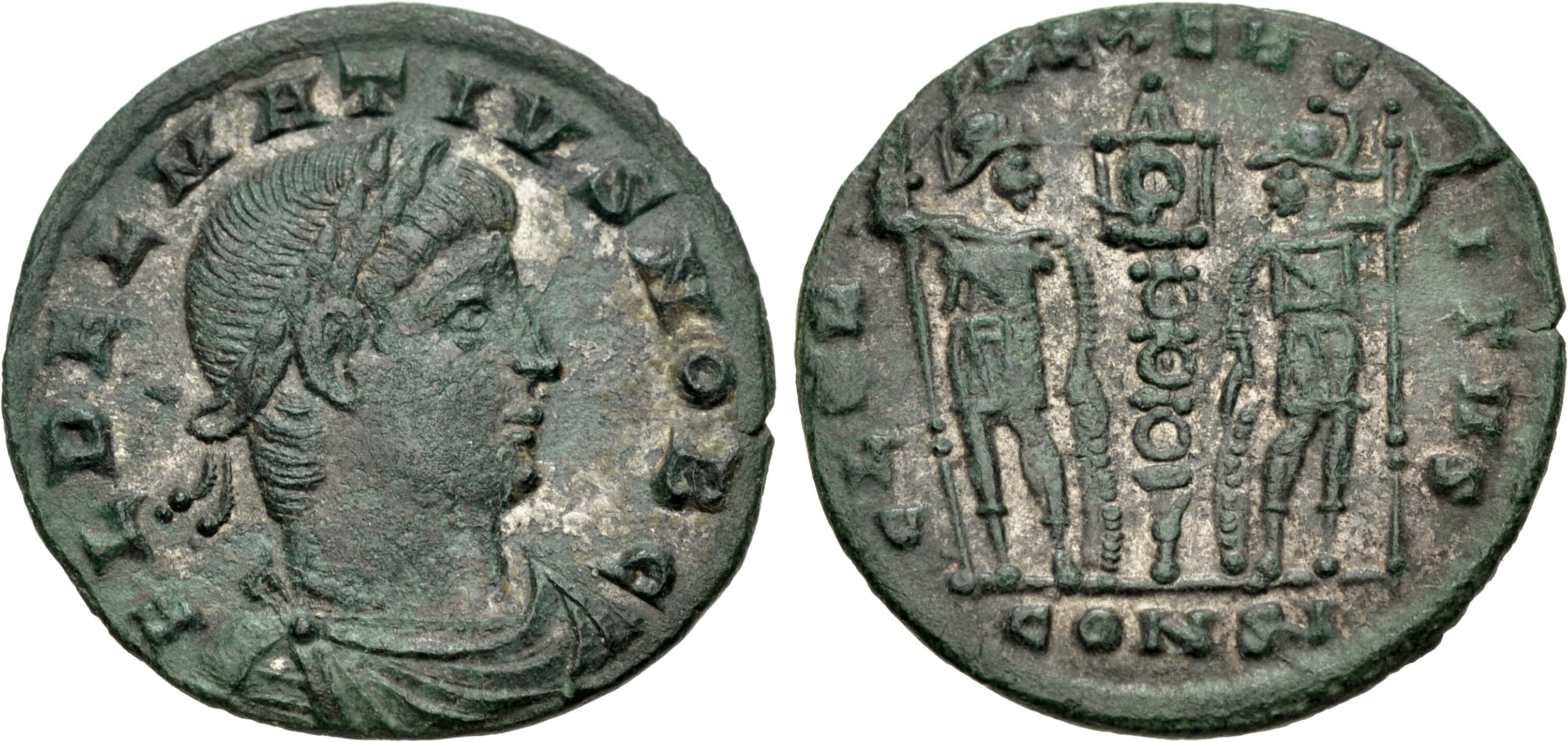 RIC VII Cyzicus 141 Constantine I obverse, Bust of Constantius II, pearl-diademed, draped, cuirassed, right