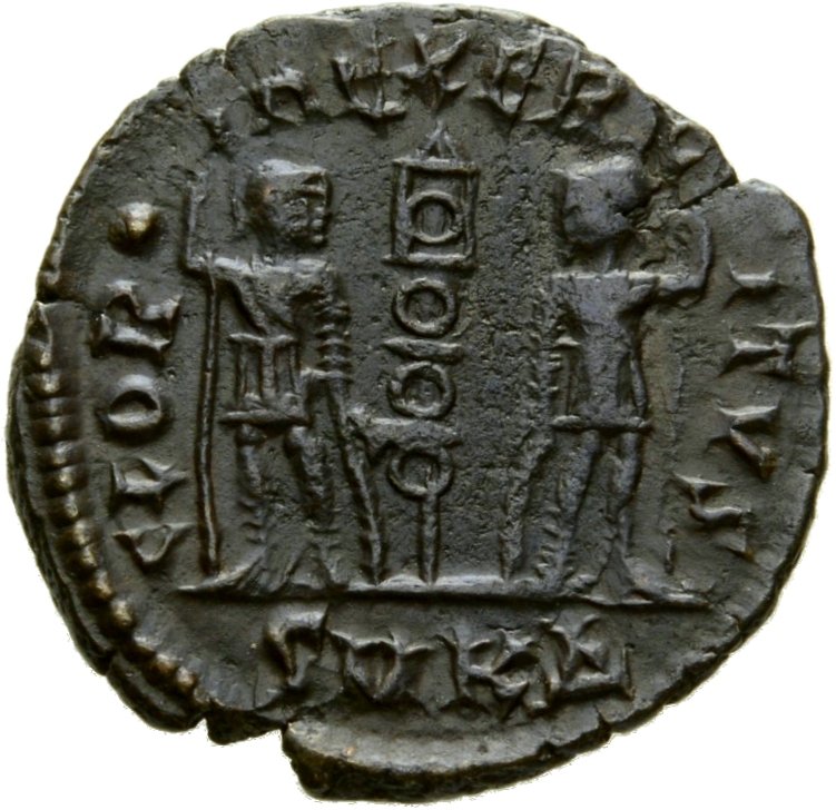 Constantine I reverse — Two soldiers, helmeted, draped, cuirassed, standing facing each other, each holding spear in outer hand and resting inner hand on shield; between them, a standard