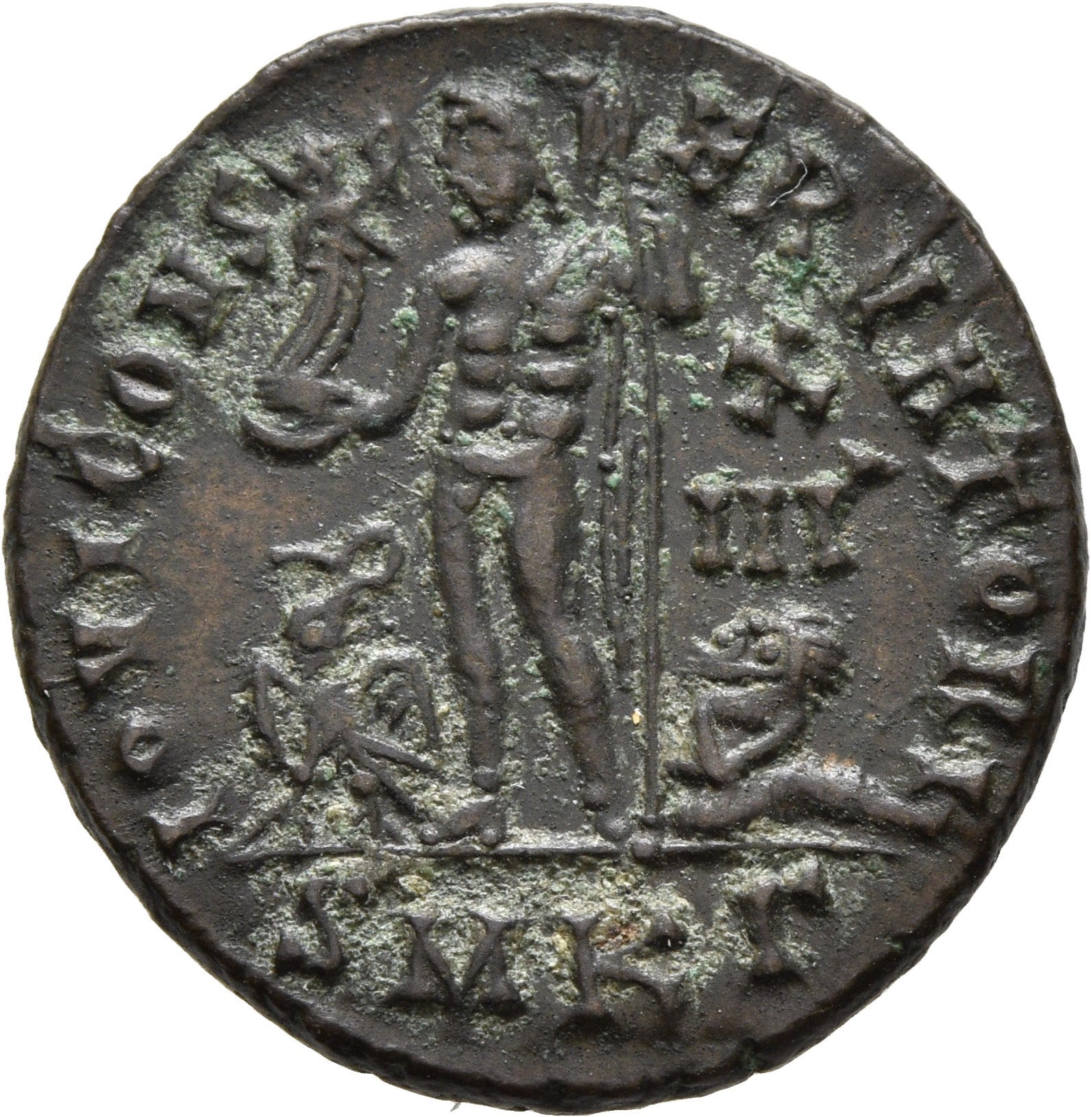 RIC VII Cyzicus 15 Licinius reverse, Jupiter, nude, chlamys draped across left shoulder, standing left, holding Victory on...