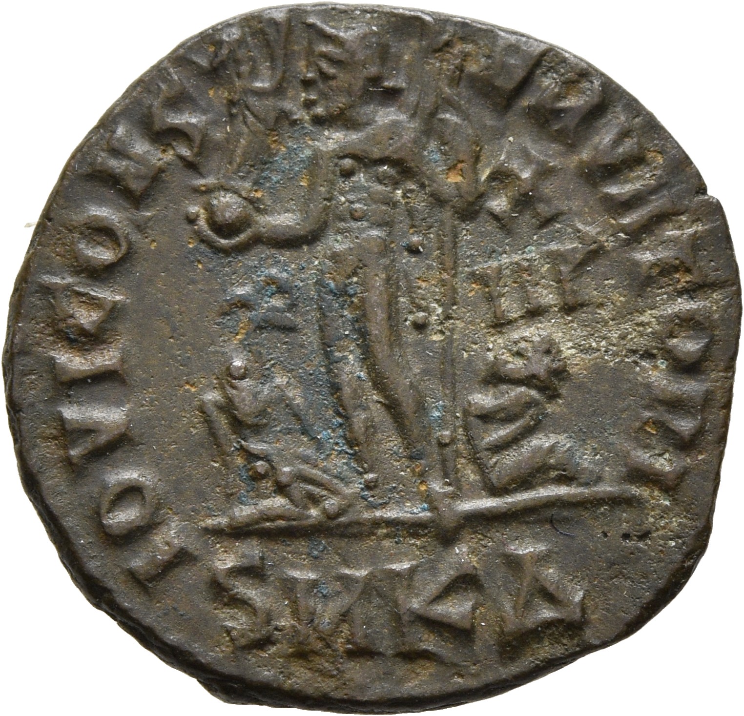 RIC VII Cyzicus 15 Licinius reverse — Jupiter, nude, chlamys draped across left shoulder, standing left, holding Victory o...