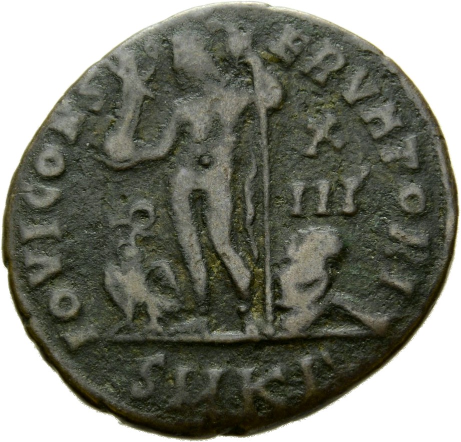 RIC VII Cyzicus 17 Licinius reverse, Jupiter, nude, chlamys draped across left shoulder, standing left, holding Victory on...