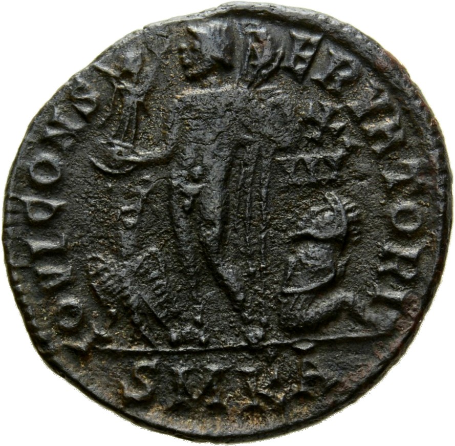 RIC VII Cyzicus 17 Licinius reverse — Jupiter, nude, chlamys draped across left shoulder, standing left, holding Victory o...