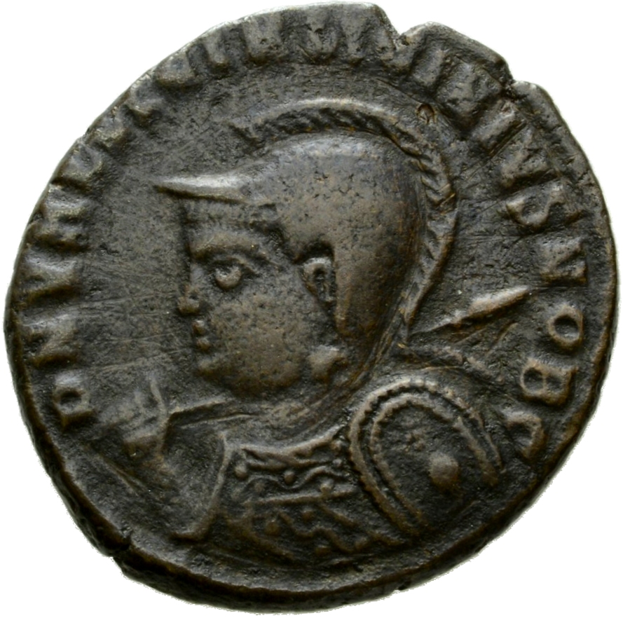 RIC VII Cyzicus 18 Licinius obverse, Bust of Licinius II, helmeted, cuirassed, left, holding spear across right shoulder a...