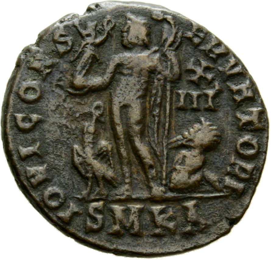 RIC VII Cyzicus 18 Licinius reverse, Jupiter, nude, chlamys draped across left shoulder, standing left, holding Victory on...