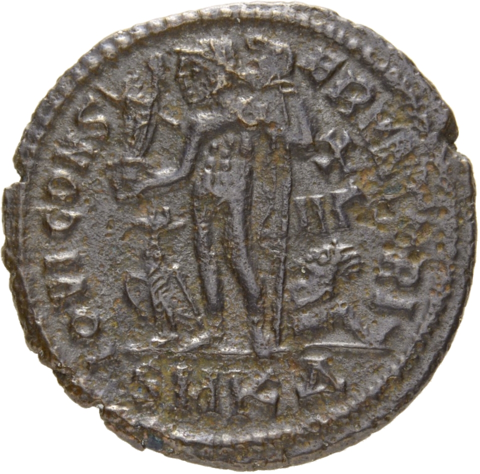 RIC VII Cyzicus 19 Licinius reverse, Jupiter, nude, chlamys draped across left shoulder, standing left, holding Victory on...