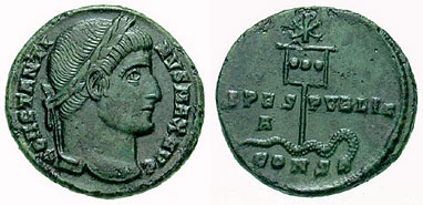 RIC VII Cyzicus 19 Licinius reverse — Jupiter, nude, chlamys draped across left shoulder, standing left, holding Victory o...