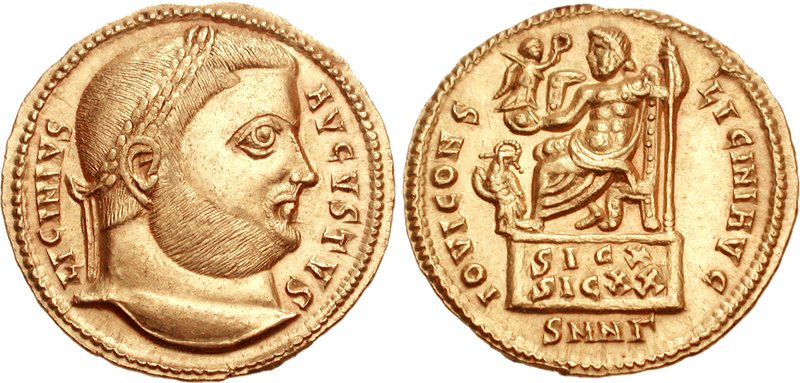 RIC VII Cyzicus 20 Constantine I obverse — Bust of Crispus, laureate, nude, left, holding spear pointing forward in right ...