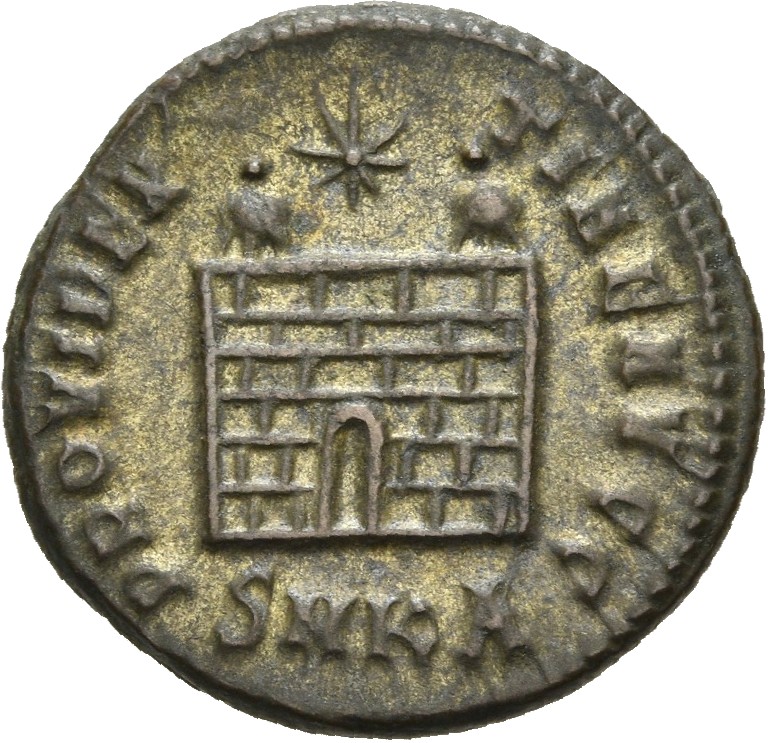 RIC VII Cyzicus 24 Constantine I reverse, Camp gate with two turrets, without doors, with varying number of stone layers; ...