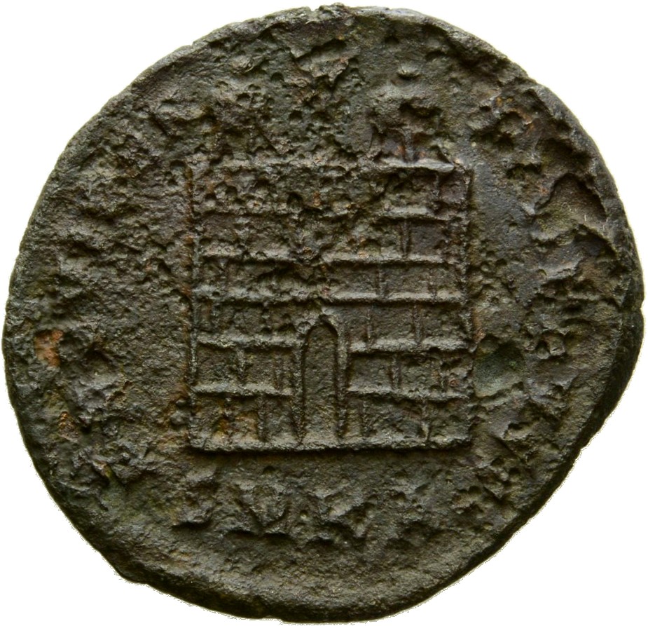 Constantine I reverse — Camp gate with two turrets, without doors, with varying number of stone layers; star above