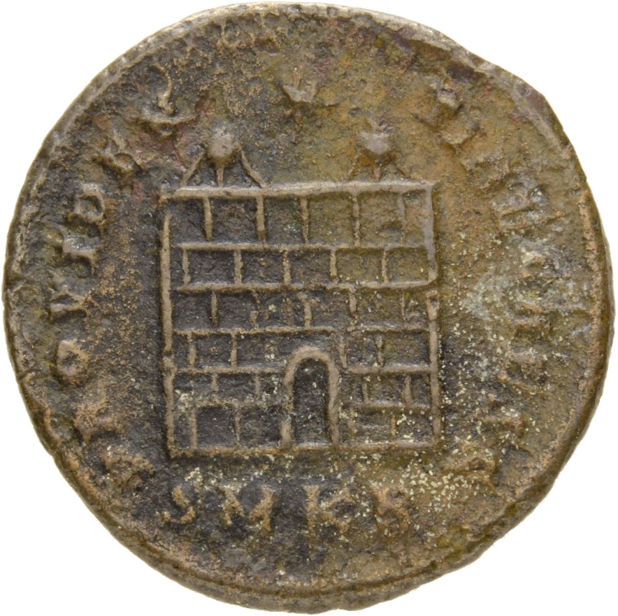 RIC VII Cyzicus 25 Constantine I reverse, Camp gate with two turrets, without doors, with varying number of stone layers; ...