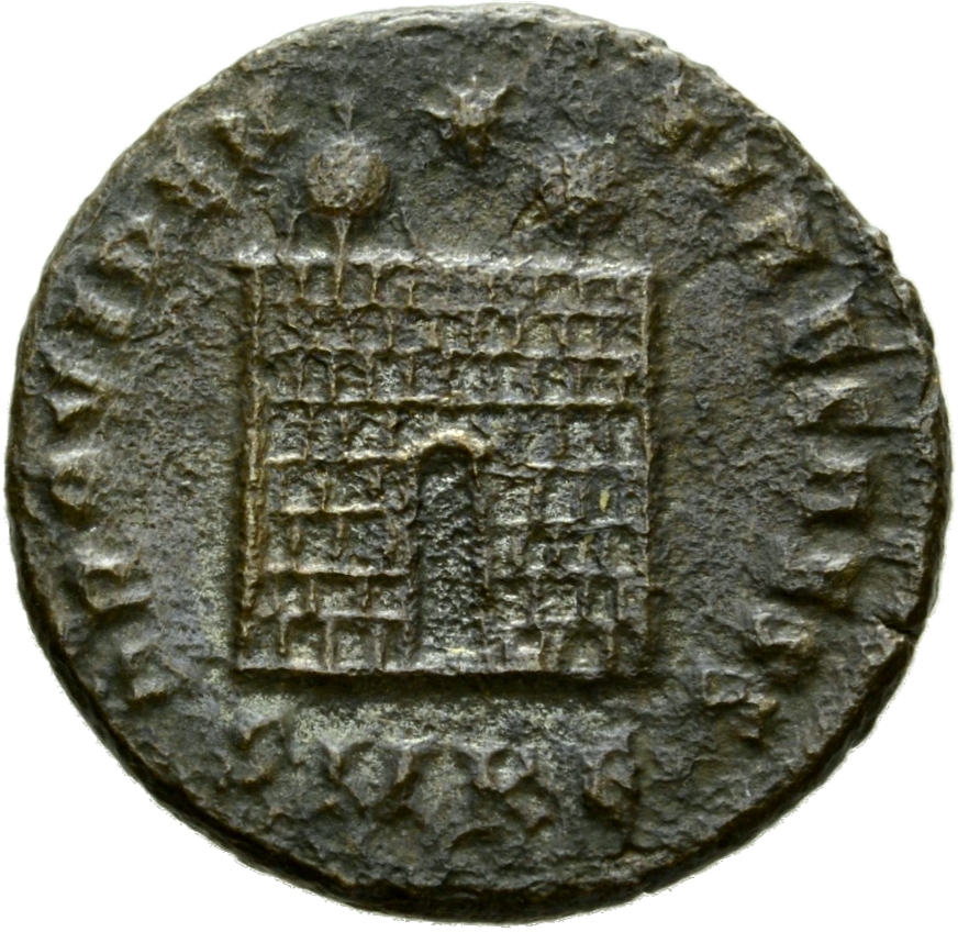 Constantine I reverse — Camp gate with two turrets, without doors, with varying number of stone layers; star above