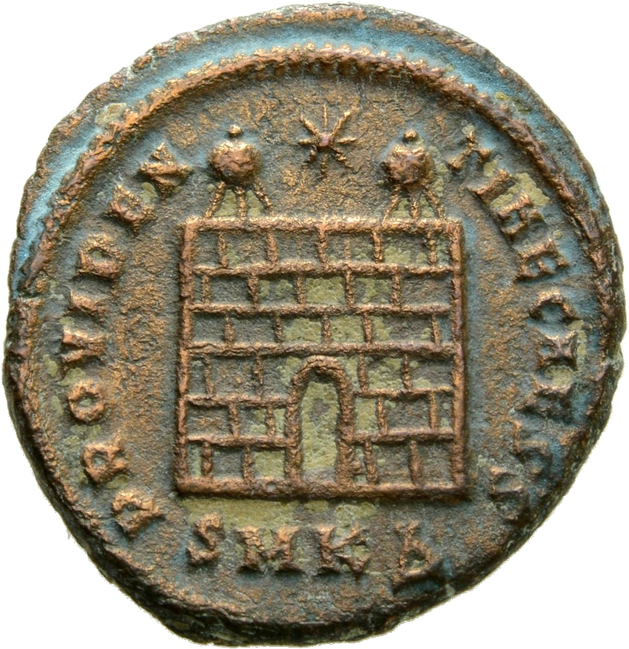 RIC VII Cyzicus 27 Constantine I reverse, Camp gate with two turrets, without doors, with varying number of stone layers; ...