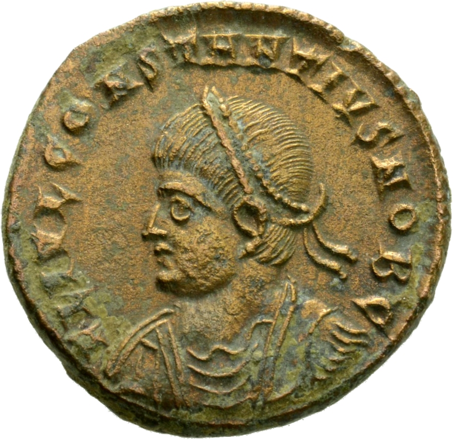 Constantine I obverse — Bust of Constantius II, laureate, draped, cuirassed, left