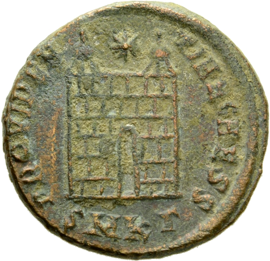 Constantine I reverse — Camp gate with two turrets, without doors, with varying number of stone layers; star above