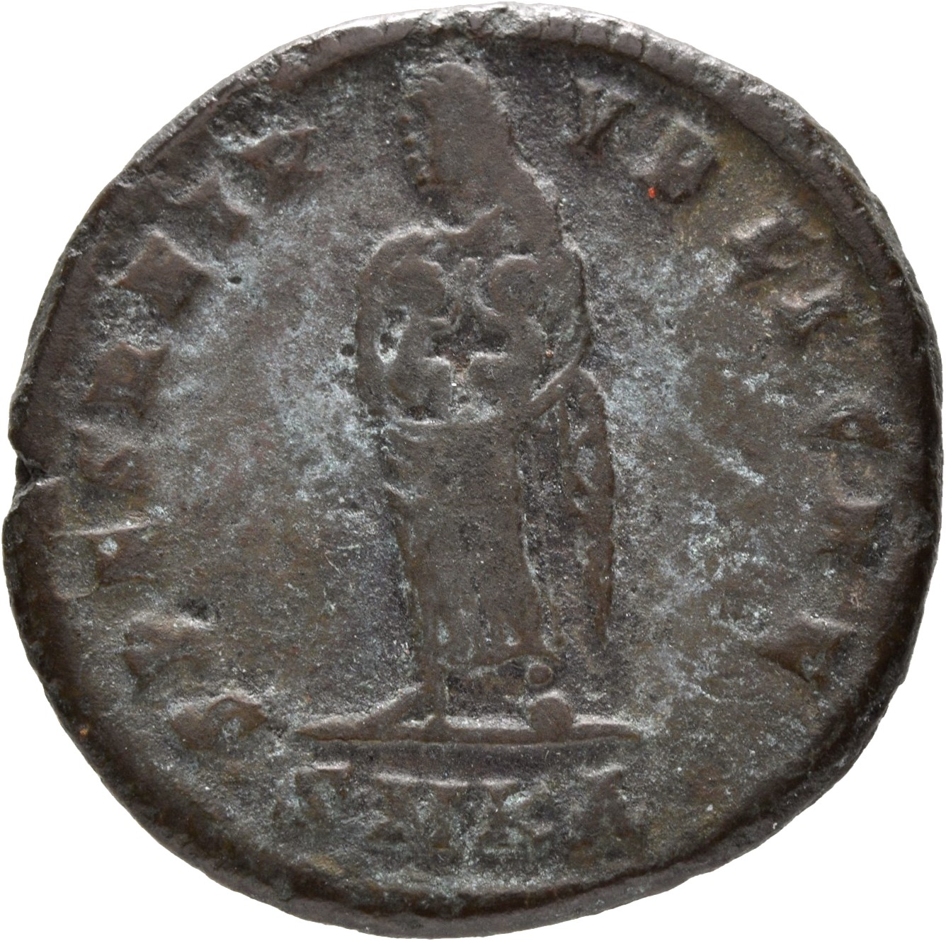 Constantine I reverse — Fausta, veiled, draped, standing front, head left, holding two children in her arms