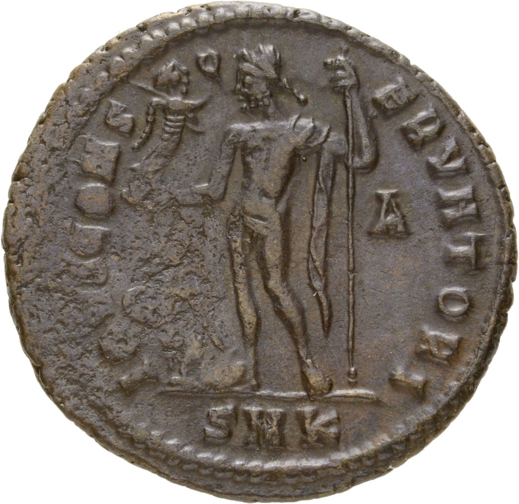RIC VII Cyzicus 3 Licinius reverse, Jupiter, nude, chlamys draped across left shoulder, standing left, holding Victory on ...