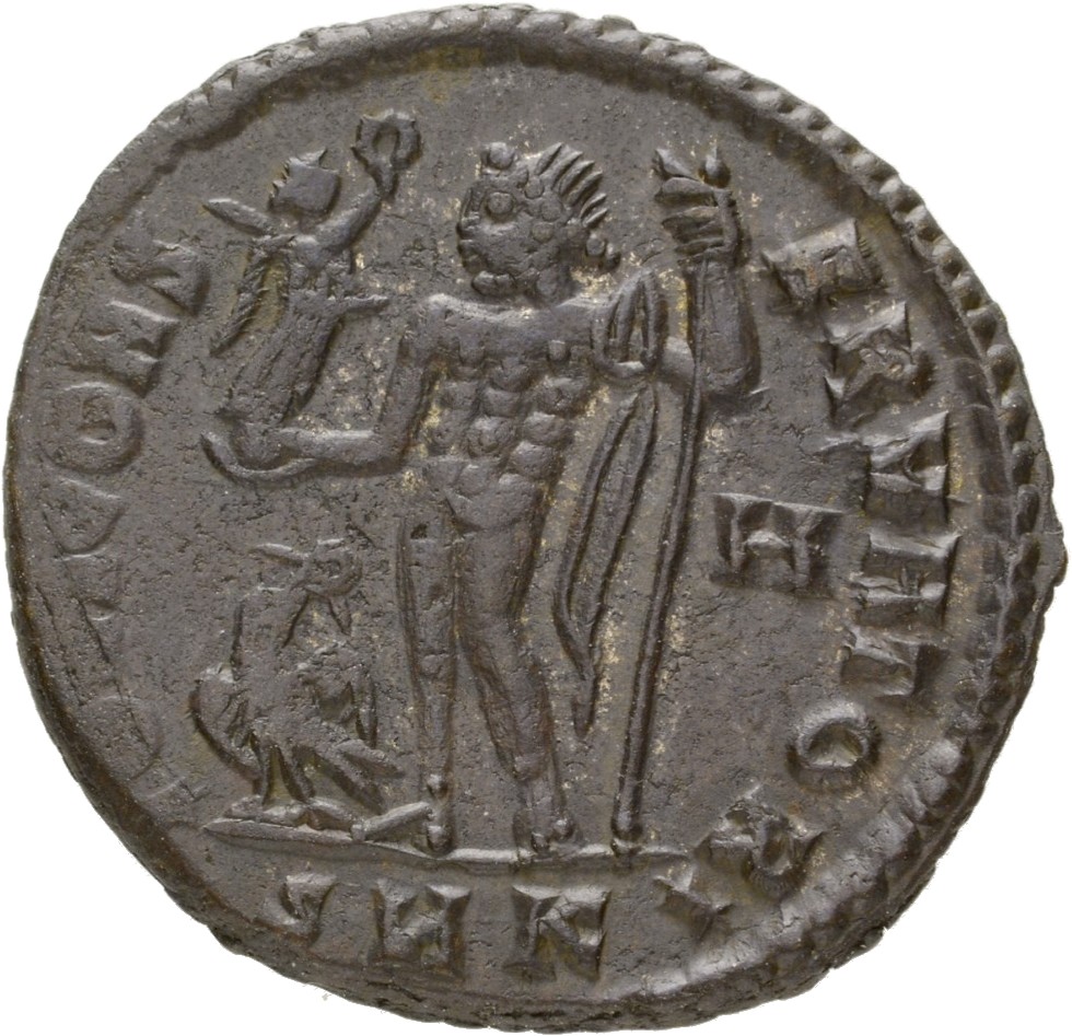 RIC VII Cyzicus 3 Licinius reverse — Jupiter, nude, chlamys draped across left shoulder, standing left, holding Victory on...