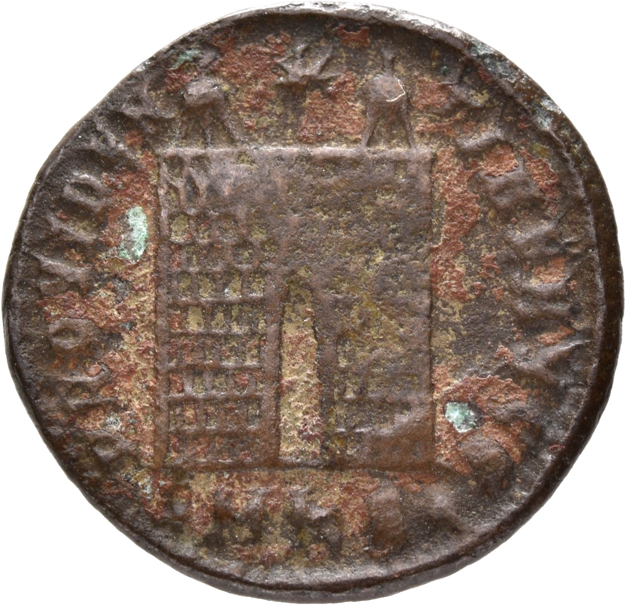 Constantine I reverse — Camp gate with two turrets, without doors, with varying number of stone layers; star above