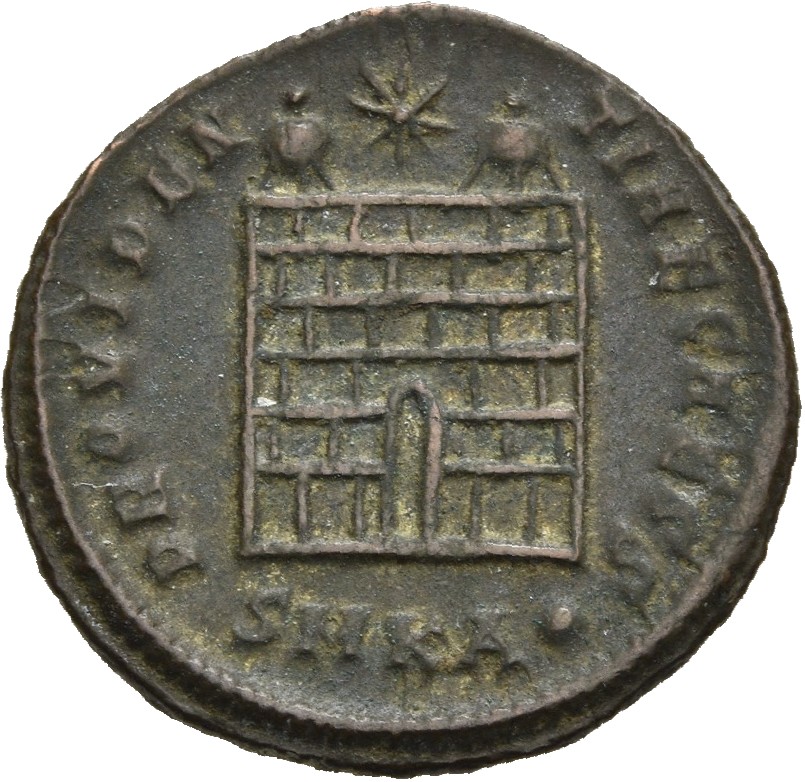 RIC VII Cyzicus 36 Constantine I reverse, Camp gate with two turrets, without doors, with varying number of stone layers; ...