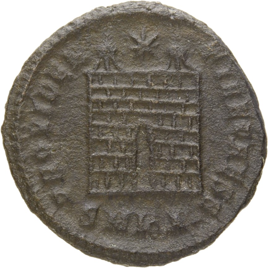 RIC VII Cyzicus 37 Constantine I reverse, Camp gate with two turrets, without doors, with varying number of stone layers; ...