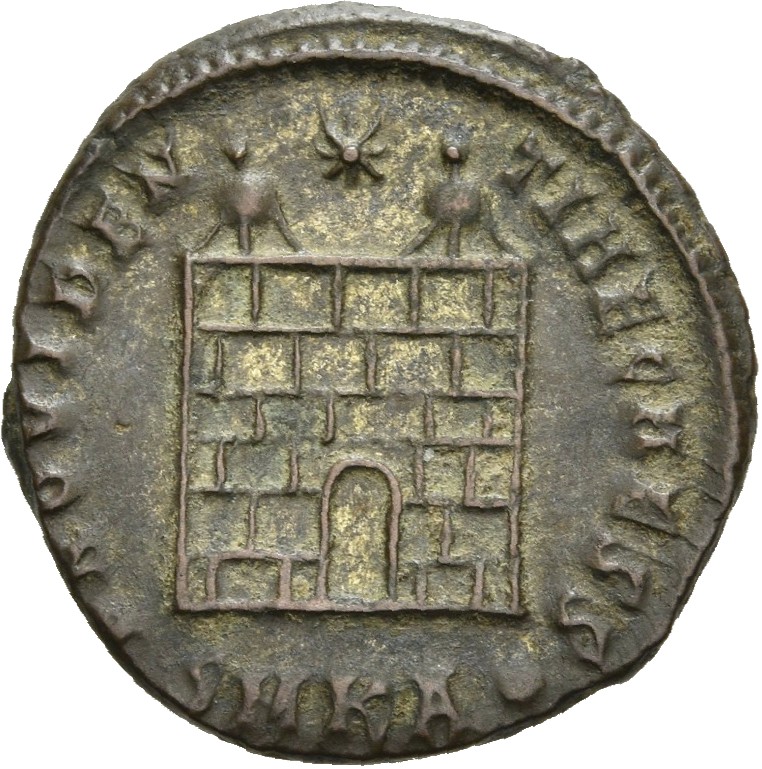 RIC VII Cyzicus 38 Constantine I reverse, Camp gate with two turrets, without doors, with varying number of stone layers; ...