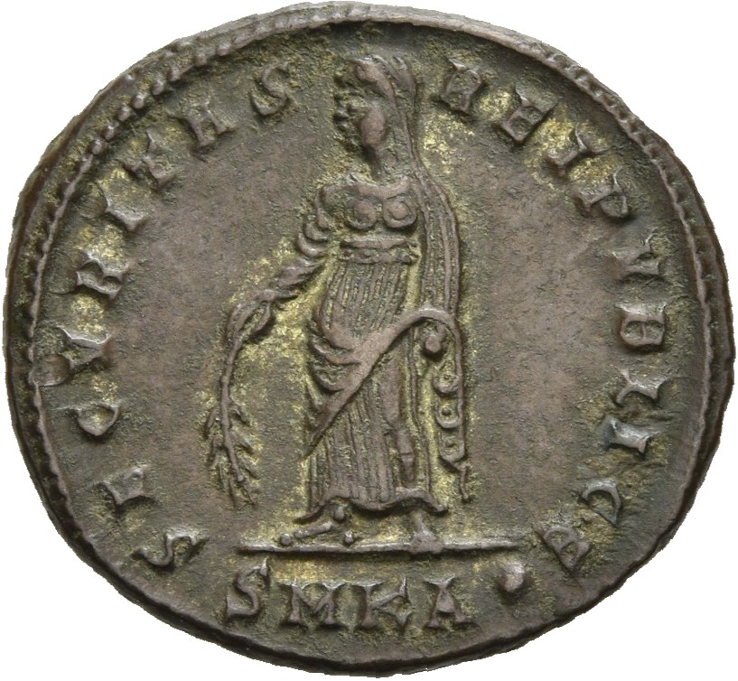 RIC VII Cyzicus 39 Constantine I reverse, Securitas, draped, standing left, raising robe with right hand and lowering bran...