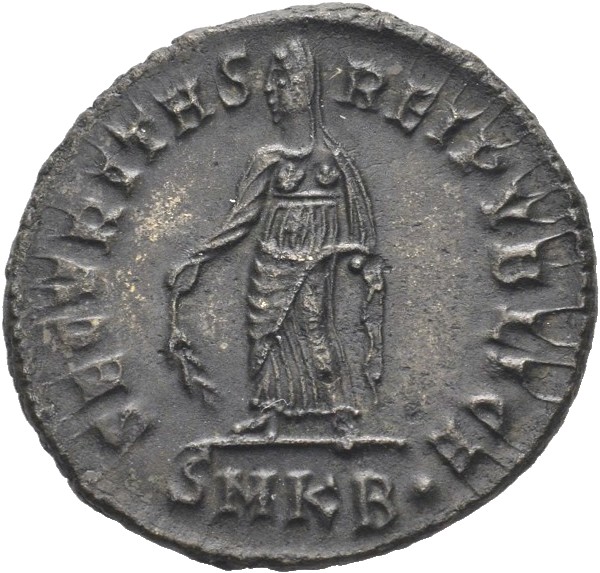 RIC VII Cyzicus 39 Constantine I reverse, Securitas, draped, standing left, raising robe with right hand and lowering bran...