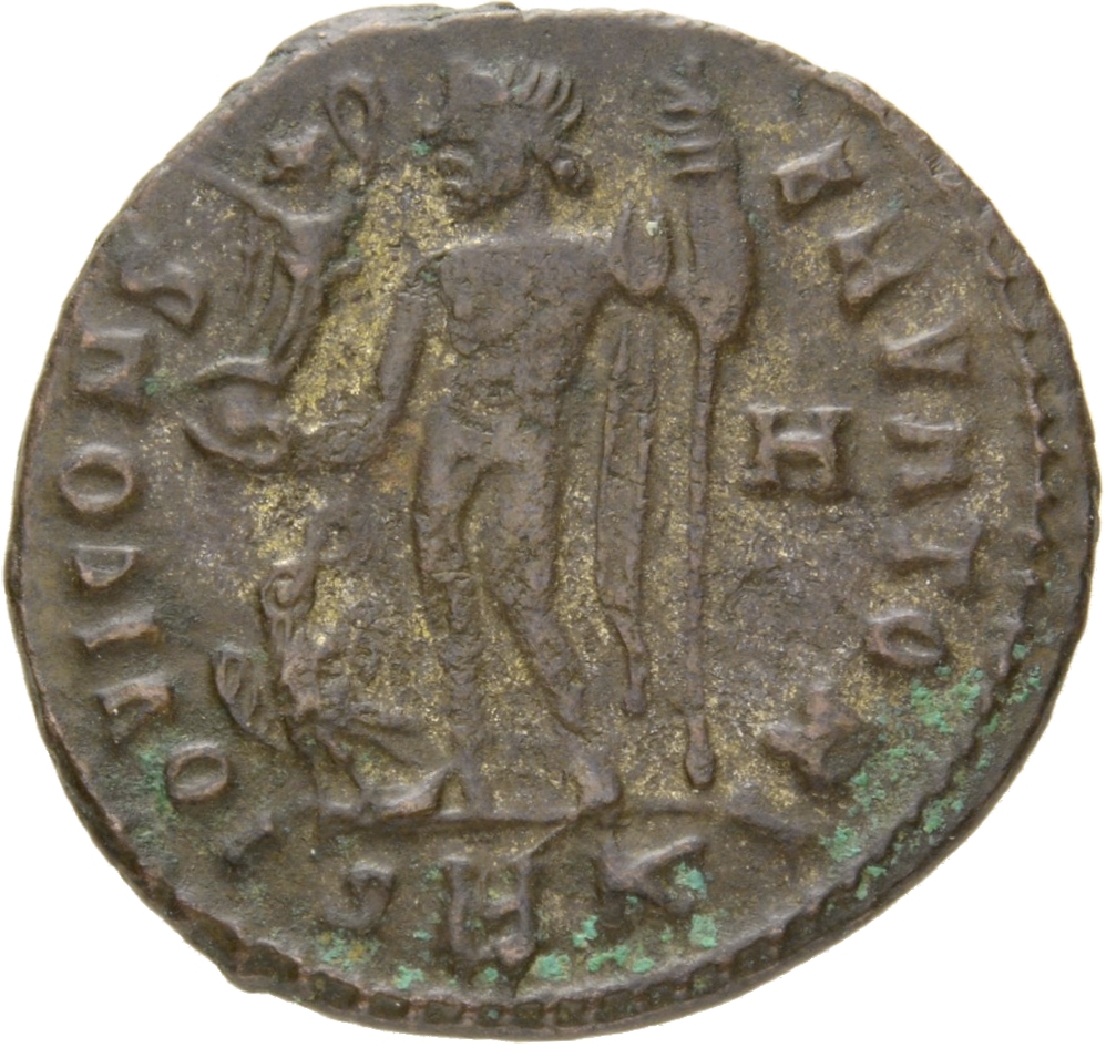 RIC VII Cyzicus 4 Licinius reverse, Jupiter, nude, chlamys draped across left shoulder, standing left, holding Victory on ...