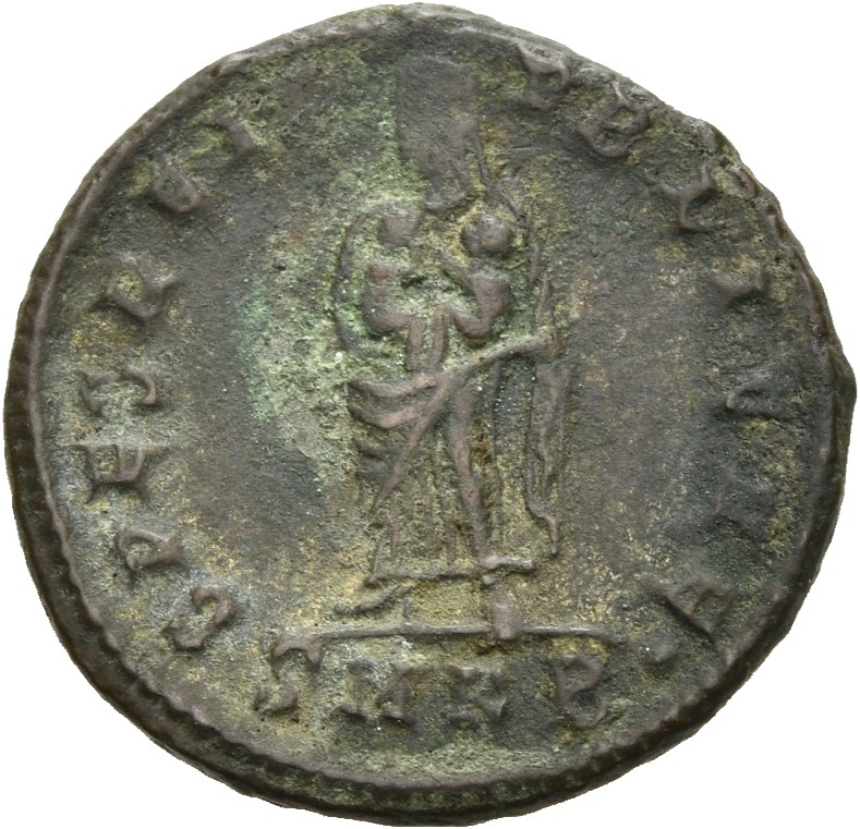 RIC VII Cyzicus 40 Constantine I reverse, Fausta, veiled, draped, standing front, head left, holding two children in her arms