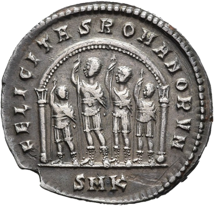 RIC VII Cyzicus 43 Constantine I reverse, Constantine I, draped, standing left between three sons, each holding sceptre in...