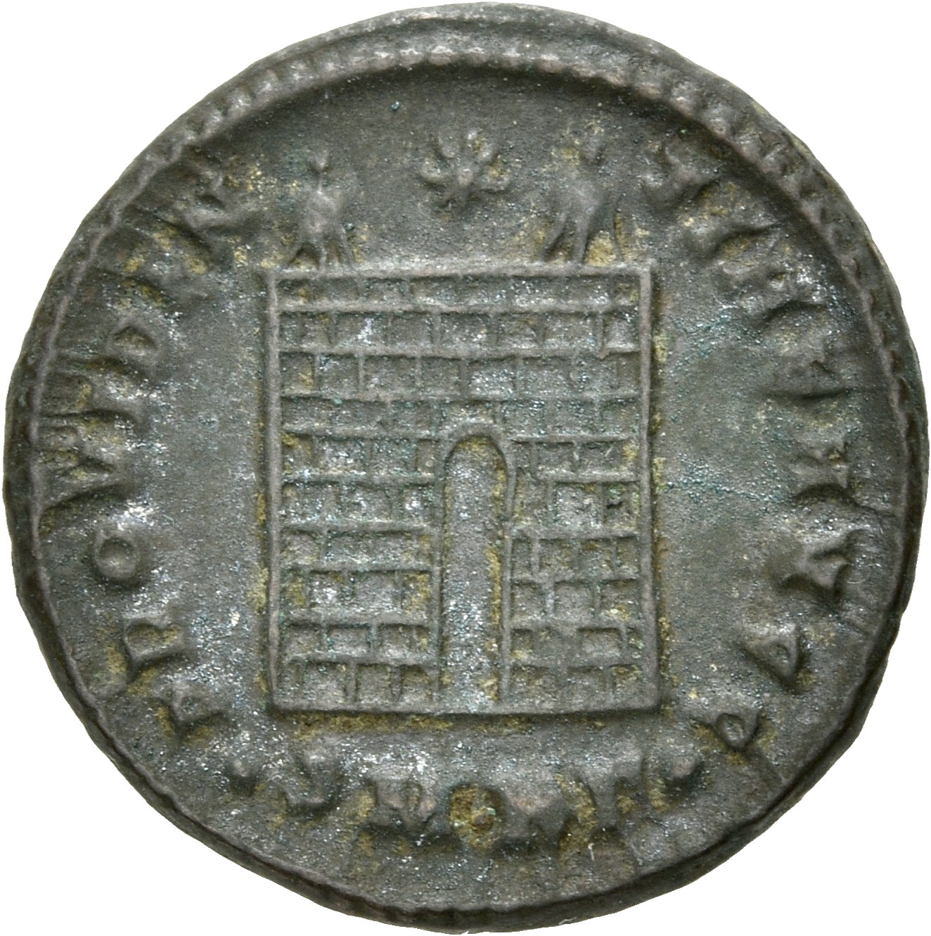 RIC VII Cyzicus 44 Constantine I reverse, Camp gate with two turrets, without doors, with varying number of stone layers; ...